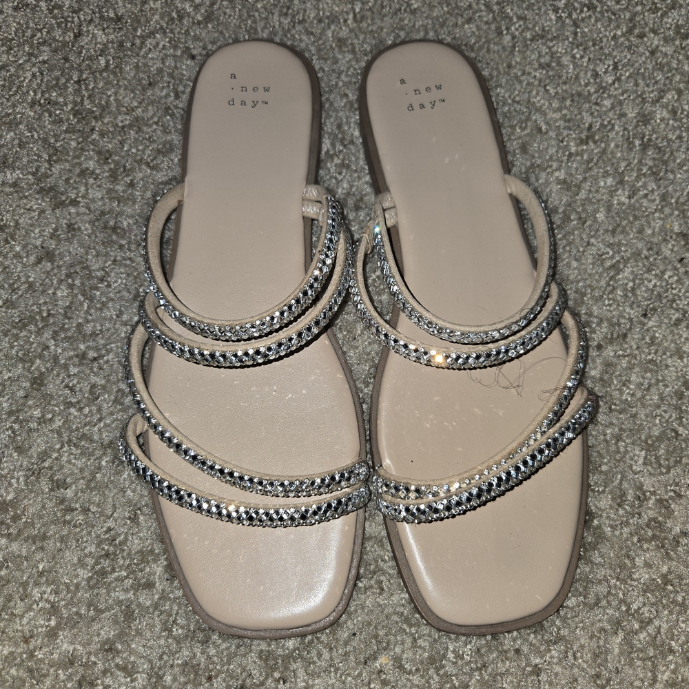 A New Day Women's Tan Sandals with Rhinestone Silver Straps